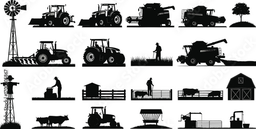 Farm equipment and agriculture silhouettes set with tractors, harvester, windmill, scarecrow, barn, farmer, cattle, grass cutter, and farming tools icons