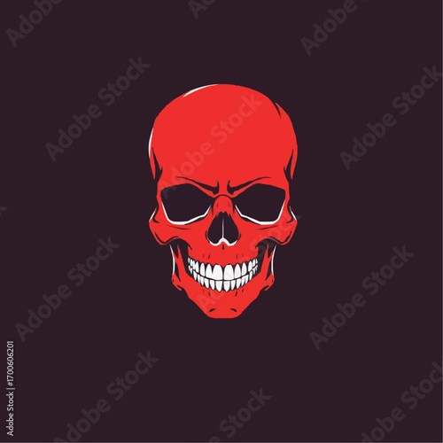 Vector art of a striking red skull illustration with a sinister smile and deep black eye sockets, presented on a dark, muted purple background, evoking a sense of dread and the macabre t shirt d