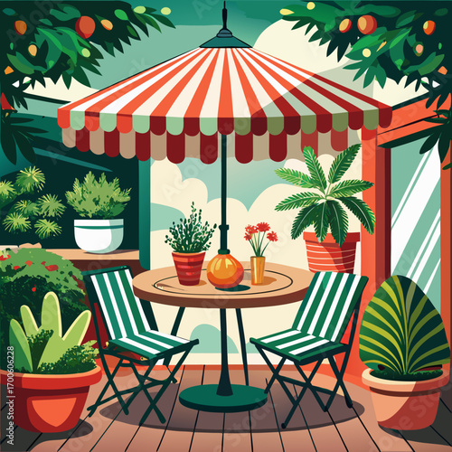 Charming flat illustration of a cozy outdoor patio scene vector