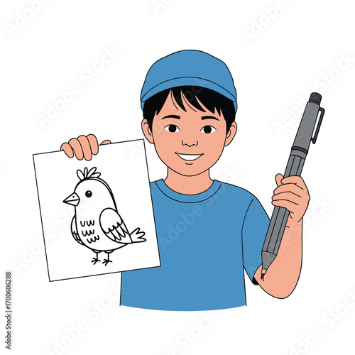 Young boy proudly displays his doodle bird drawing and holds a marker