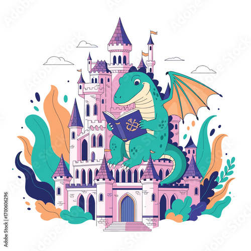 Charming green dragon reading a book in front of a majestic pink castle amidst lush greenery
