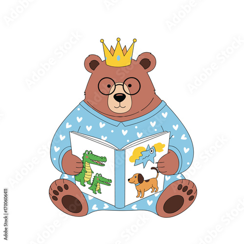A royal bear in pajamas reads a storybook to children featuring animals