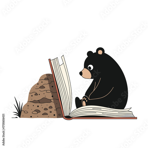 A curious young bear discovers the wonderful world of reading outdoors near a burrow