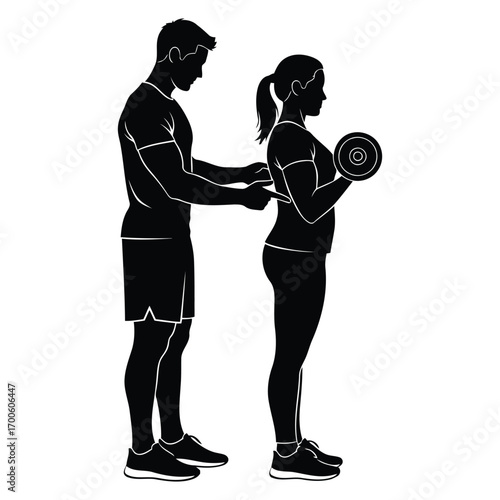 Vector art of man assisting woman with dumbbell curl exercise, silhouette