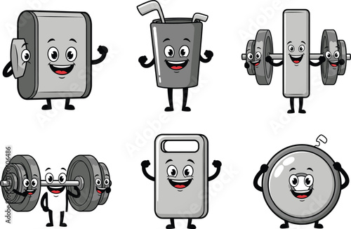 Cute gym equipment cartoon set, vector fitness icons with happy characters, weights, shaker bottle, stopwatch, phone, fun exercise clipart