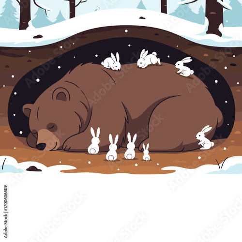 Cute bunnies gather around a sleeping bear in a snowy forest cave