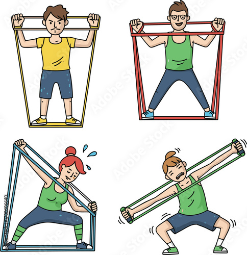 Funny cartoon characters doing resistance band workout, stretching exercise vector, colorful fitness training, home gym illustration, healthy lifestyle, active pose drawing