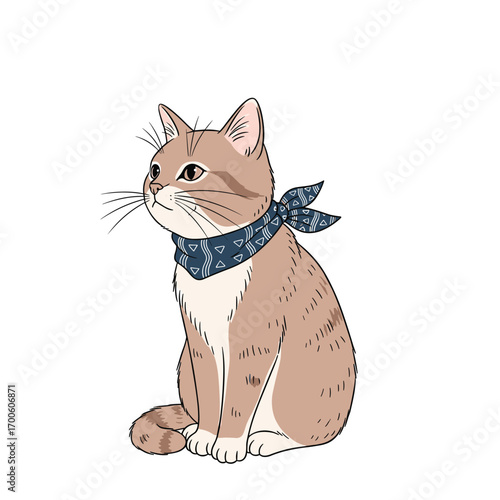 Adorable feline friend adorned with a stylish blue paisley bandana sits patiently outdoors