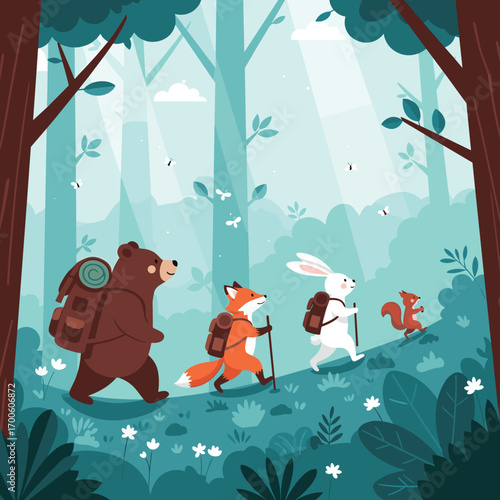 A charming forest adventure with woodland creatures exploring nature together