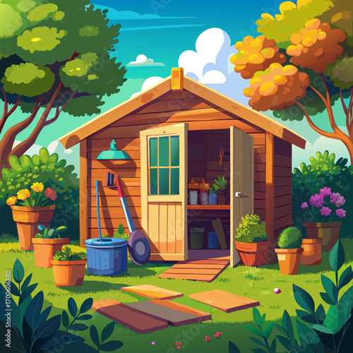 Charming whimsical wooden garden shed illustration vector vector
