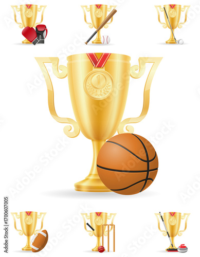 sport games golden cups winner cartoon stock vector illustration isolated on white background