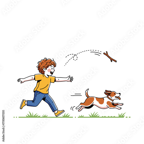 A happy young boy and his loyal dog play fetch in a sunny park during summer