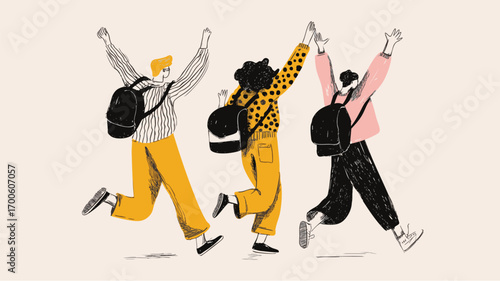 Happy school children with backpacks returning to class, teamwork friendship and education illustration design