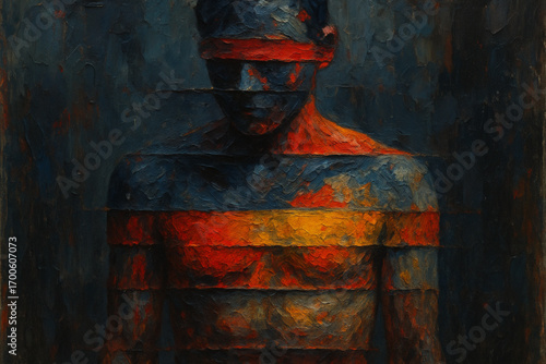Fragmented human body with layers of prejudice and stigma in textured expressive painting