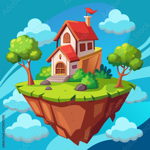 Charming two-story house with red roof on floating island vector