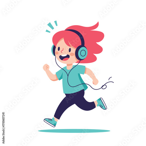 Joyful kid with red hair enjoying music while running outdoors