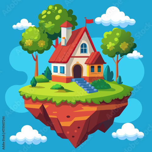 Charming two-story house with red roof on floating island vector vector