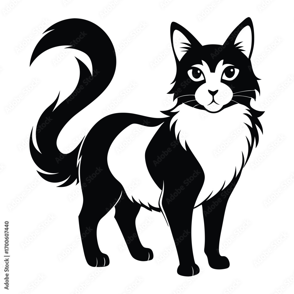 Obraz premium Elegant Black and White Cat with Fluffy Tail Standing Gracefully Illustration