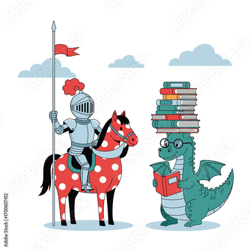 A knight and a book loving dragon sharing stories together in the clouds