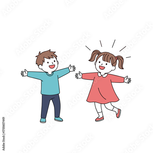 Two happy smiling children with open arms ready for a hug greeting each other cheerfully