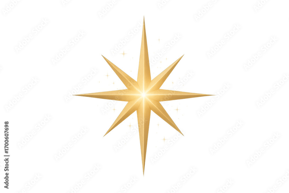 Obraz premium Golden eight-pointed star shining on transparent background