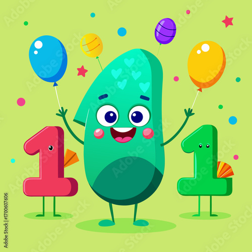Cheerful cartoon number 1 character celebrating with balloons vector