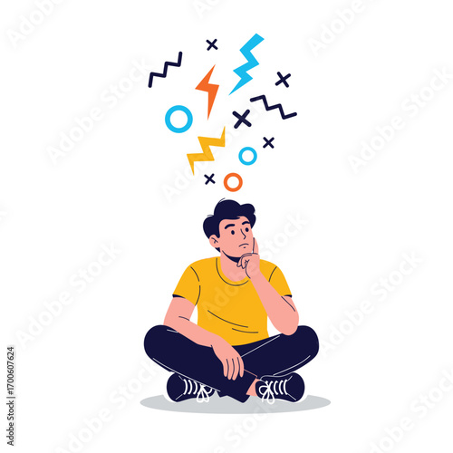A young person sitting cross legged with thoughts swirling around their head symbolizing thinking or brainstorming ideas creative inspiration and mental processes