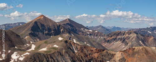 This scenic San Juan Mountain panorama features 14ers Redcloud Peak and Sunshine Peak located off the Alpine Loop near Lake City, Colorado.