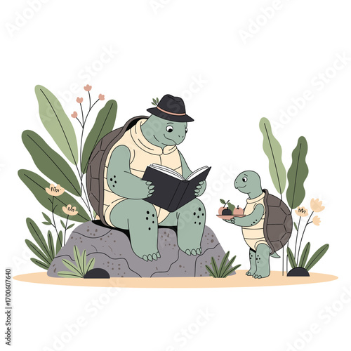 A gentle turtle reads a story to a young tortoise in a lush garden