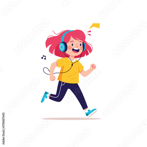 Cute girl wearing headphones enjoying music while running and exercising outdoors