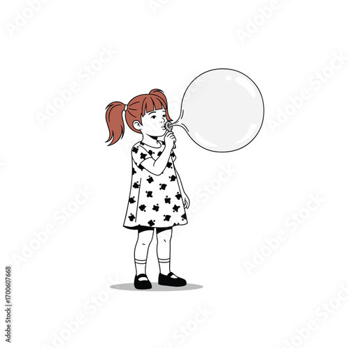 A young girl with pigtails happily blows a large bubble into the air on a plain background