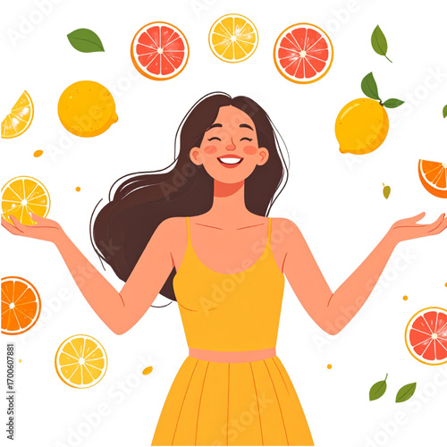 Vector illustration of a happy woman with citrus fruits floating around her. Healthy food concept. Editorial use, article, advertisement, lifestyle magazine