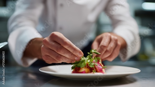 A professional close-up shot of a chef is hands delicately plating a gourmet meal in a clean, modern kitchen.