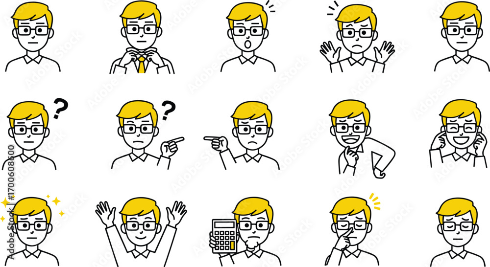 Fototapeta premium Cartoon illustration of yellow‑haired person with glasses showing 15 different facial expressions and gestures, emotion and action concept, vector art, flat design