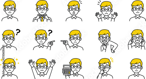 Cartoon illustration of yellow‑haired person with glasses showing 15 different facial expressions and gestures, emotion and action concept, vector art, flat design
