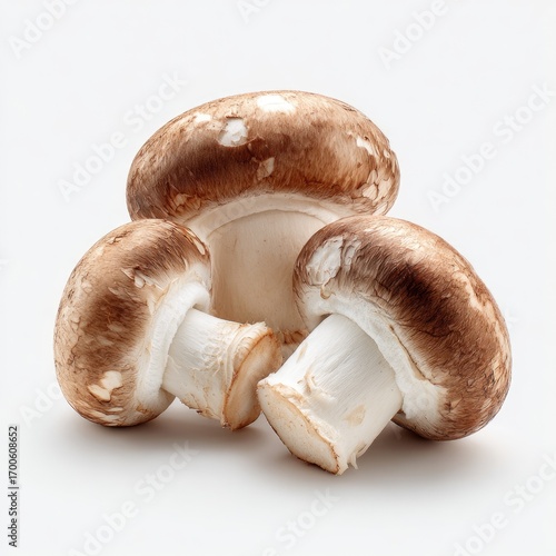 Three whole brown mushrooms on a white background.  Close-up view, showing their caps, stems, and textures
