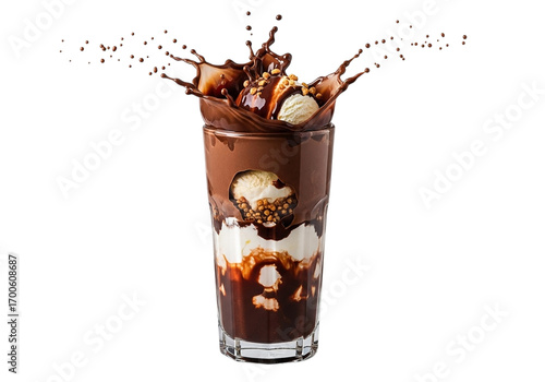 Chocolate milkshake with splash isolated on transparent background