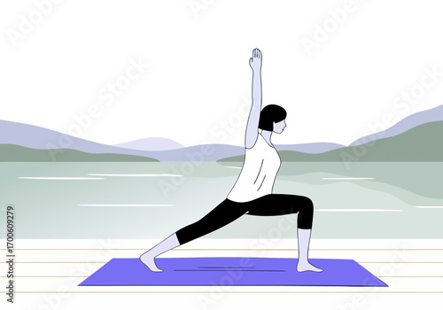 Woman doing vibrant warrior yoga pose by peaceful lake for fitness and wellness