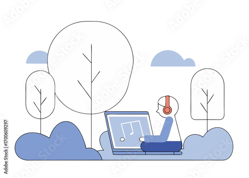 Modern music producer with laptop creating songs, digital audio workstation design