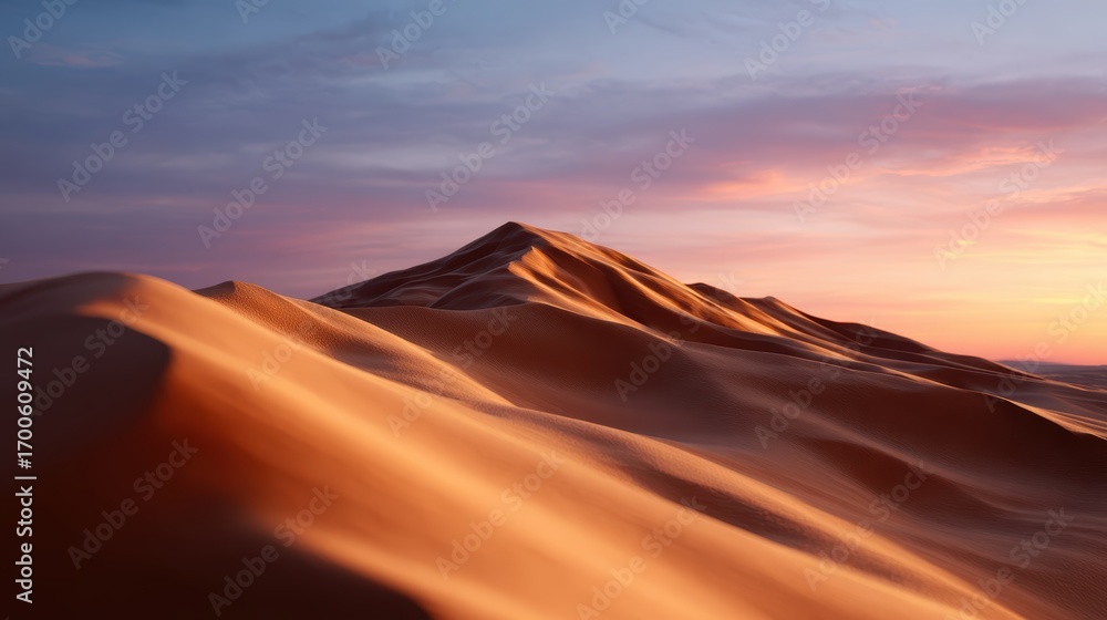 Naklejka premium Vast desert landscape with towering sand dunes under a colorful sunset sky