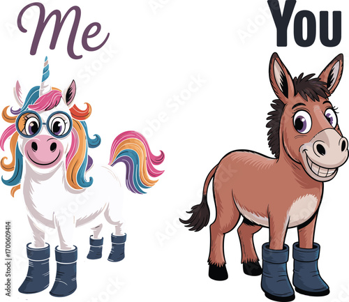Funny cartoon unicorn and donkey in boots, humorous comparison concept, whimsical characters, fantasy and farm animal humor illustration, quirky animal friends, vector art.