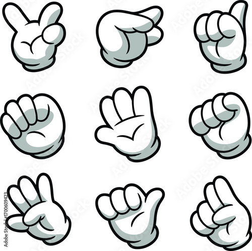 Cartoon glove hand gestures collection, finger signs, thumbs up, pointing, peace sign, closed fist, expressive hands, playful icons, comic style hand poses.