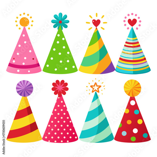 Collection of eight brightly colored festive party hats vector illustration vector
