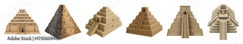 Ancient pyramid structures set including stepped, ornate, weathered, and ceremonial designs isolated. Historical civilization architecture.