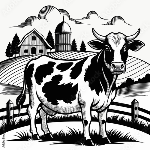 Vintage illustration of a holstein cow on a farm vector