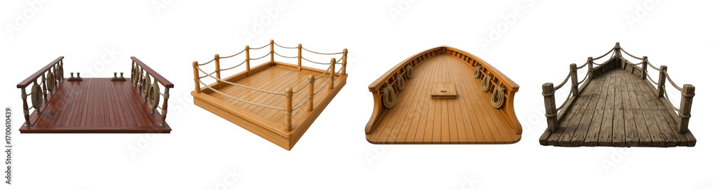 Obraz premium Wooden deck set including elegant, simple, bow, and rustic styles isolated. Nautical and marine design elements.