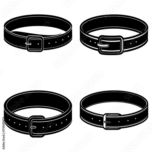 Illustration of four black belts with different styles of buckles and stitching details on a white background