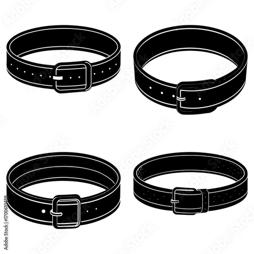 Four black leather belts with silver buckles and visible holes arranged in a square format design