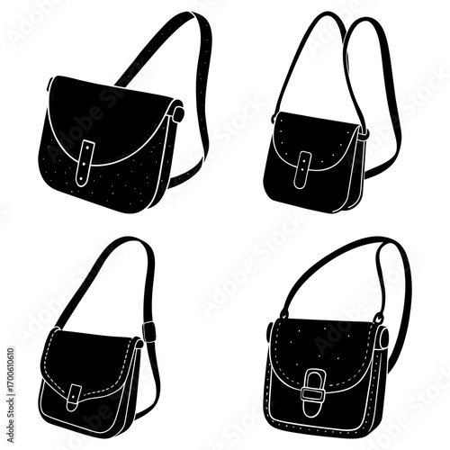 Four black and white drawings of satchel style bags with shoulder straps in varying shapes and sizes