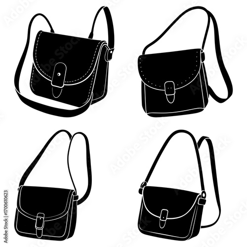 Four black and white illustrations of satchel bags with straps and buckle closures in various orientations